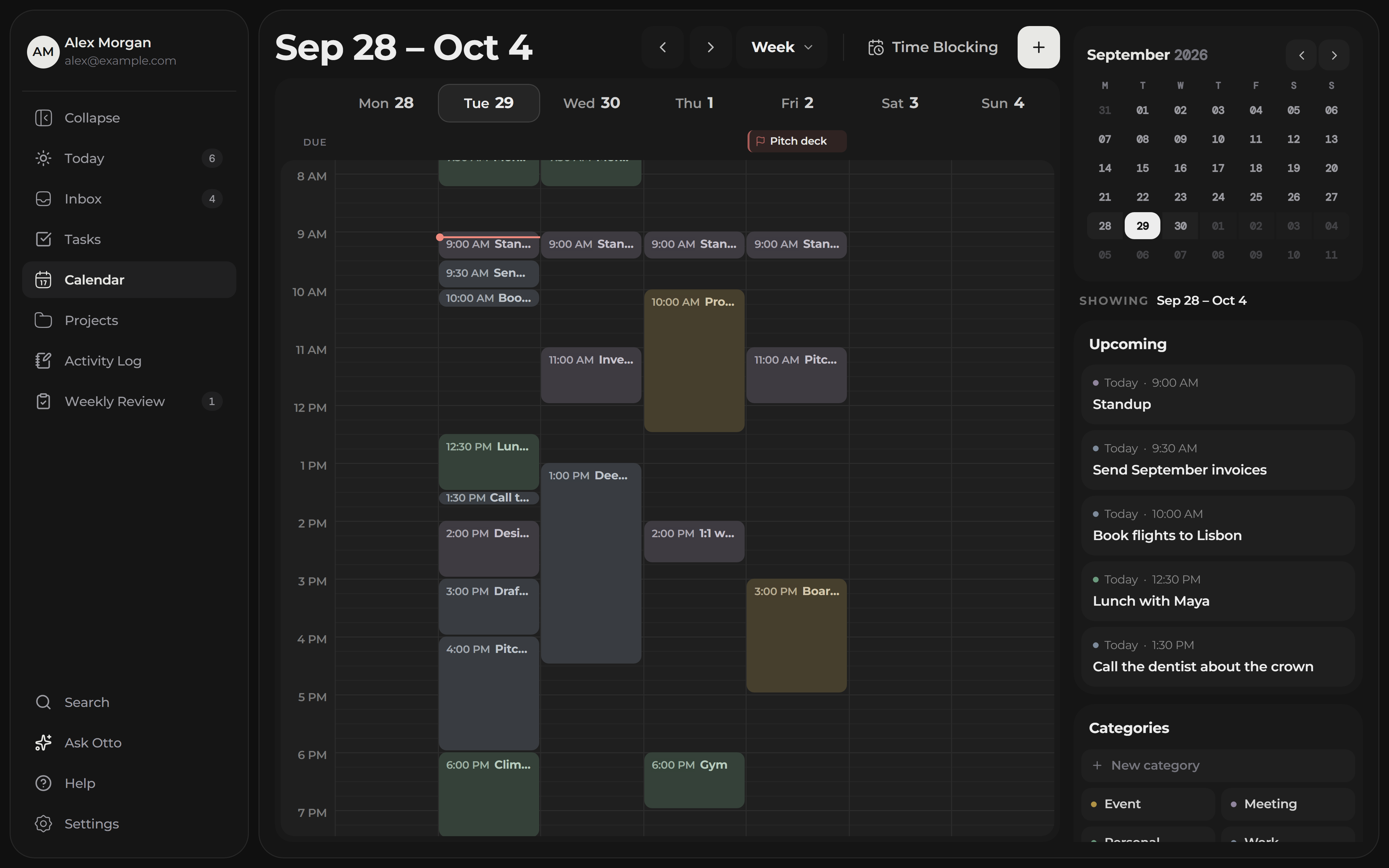 08 Studio's week calendar, with the day's tasks scheduled around meetings