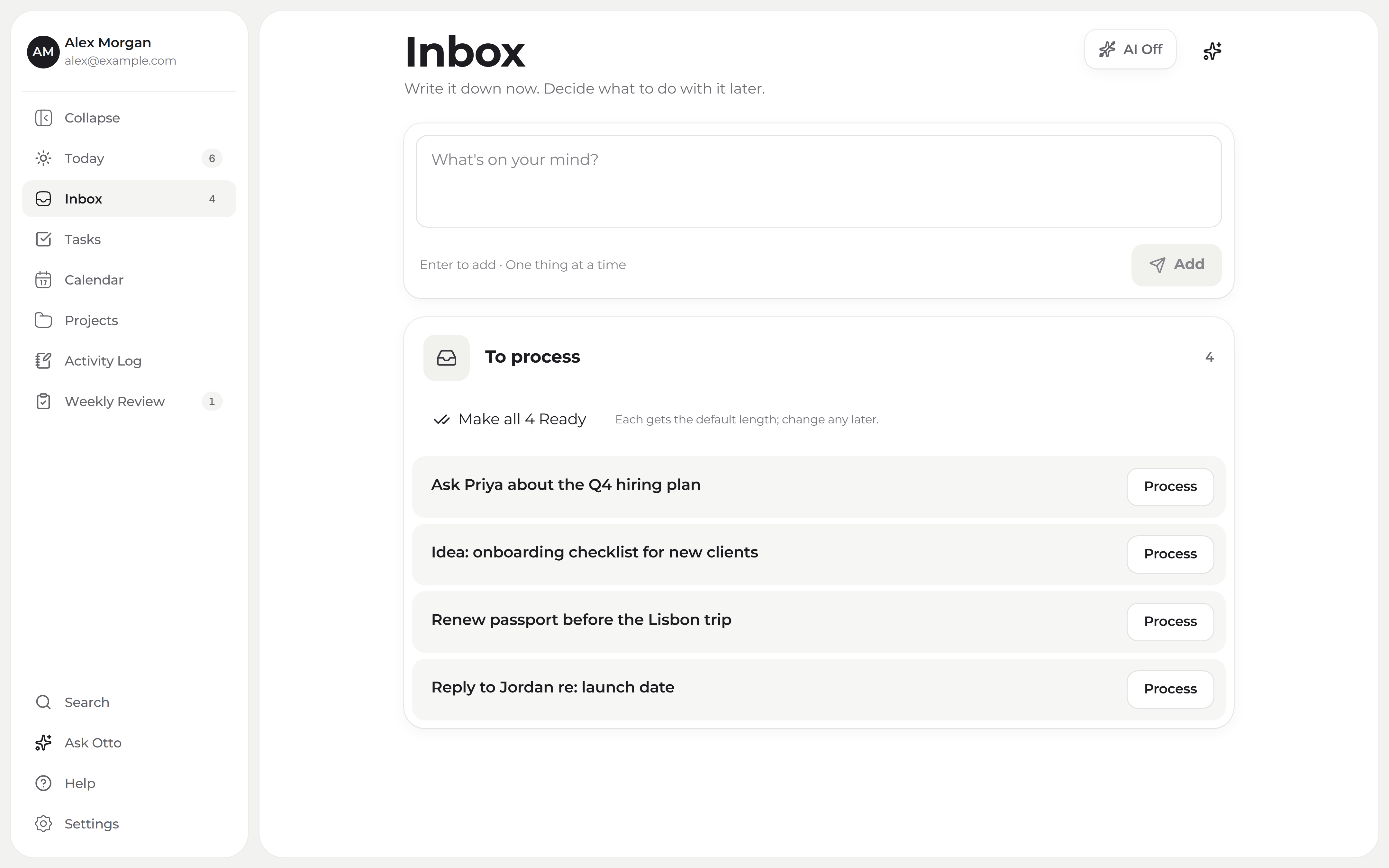 08 Studio's Inbox, with four things waiting to be processed